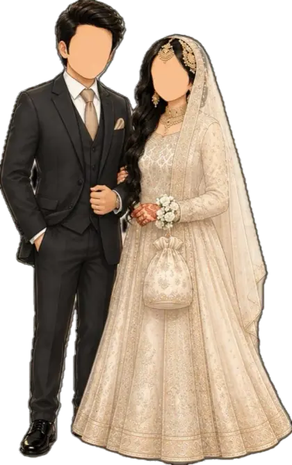 An illustrated couple in an ivory gown and a dark suit under a crescent moon