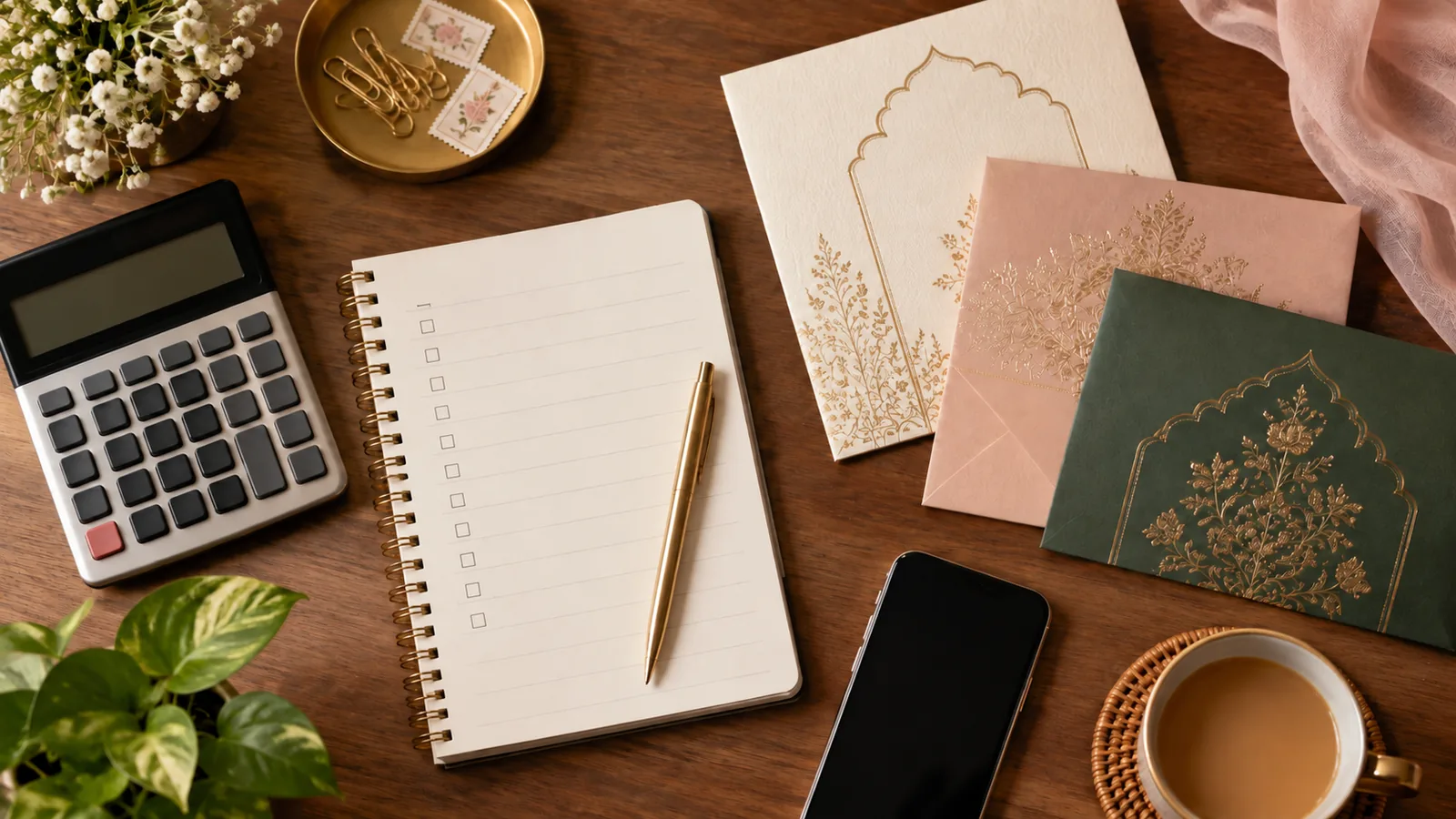 A calculator, a guest list and wedding cards on a desk