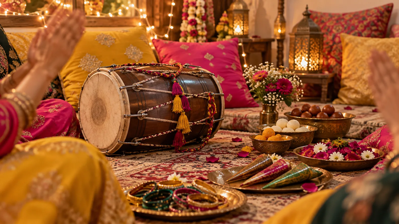 A dholak, sweets and mehndi cones with hands clapping at a Dholki night