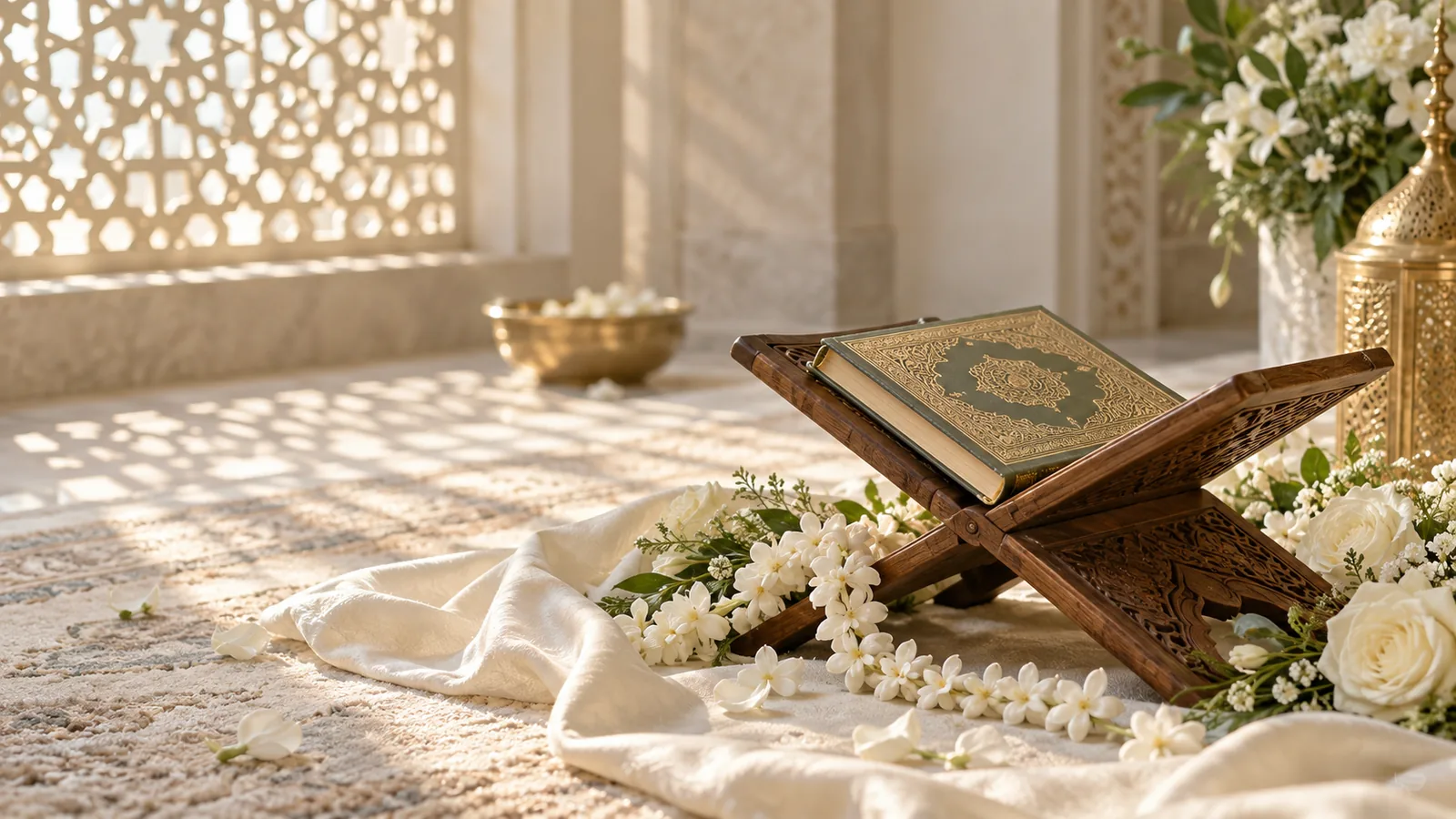 A calm Nikkah setup with white flowers and a Quran stand