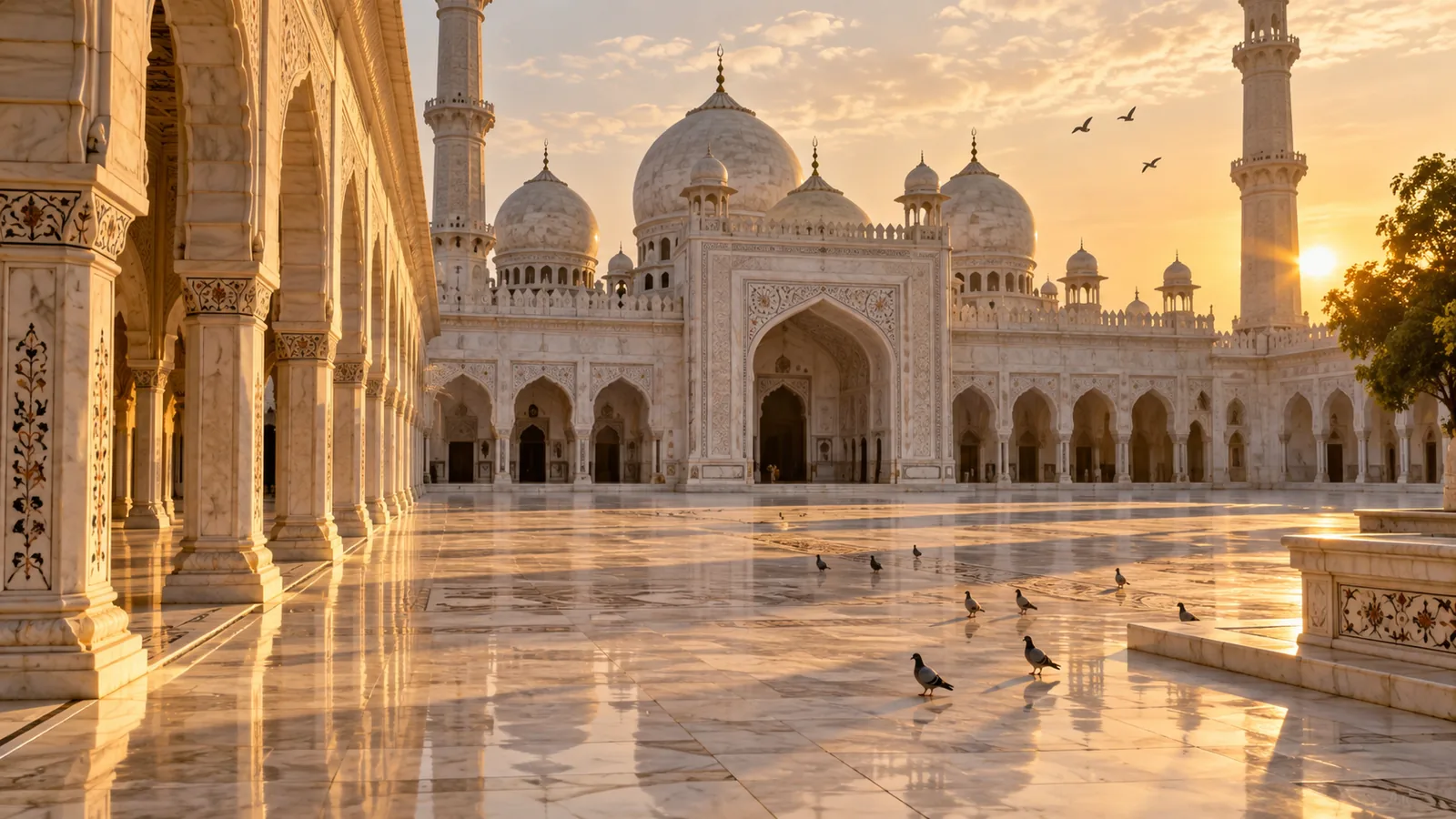 The courtyard of a mosque in soft evening light