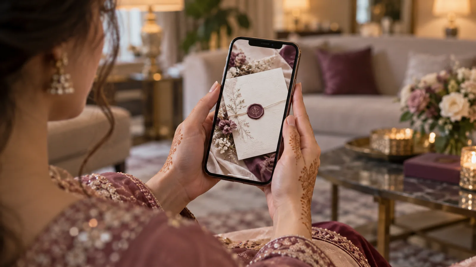 Hands holding a phone showing an online wedding invitation card