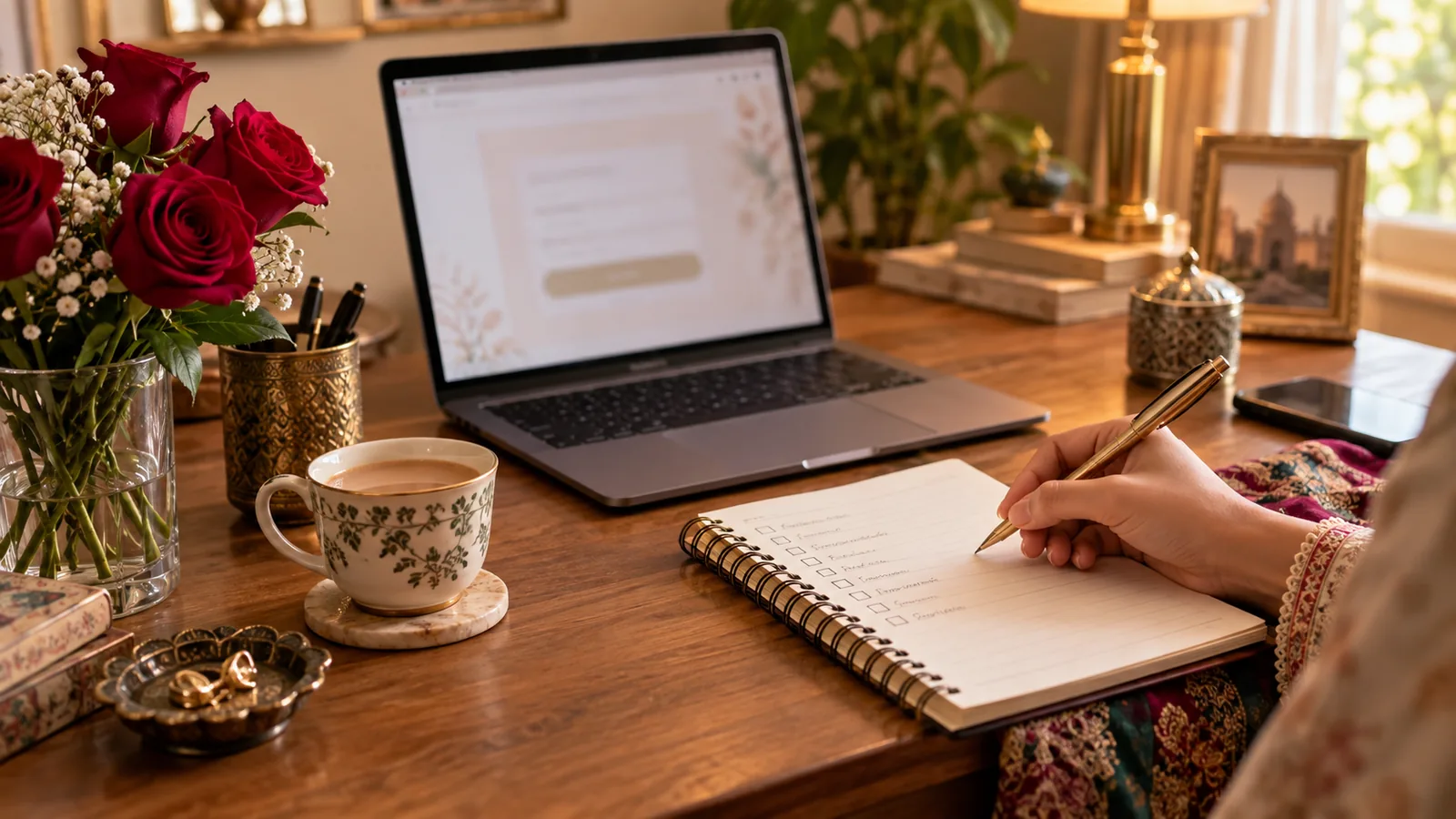 Filling in wedding details on a laptop
