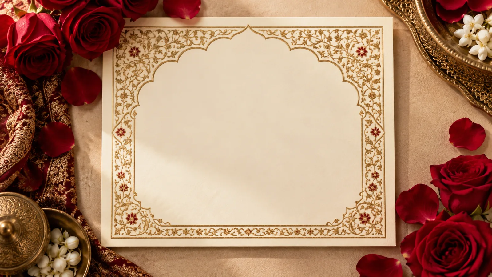 An Urdu wedding card design with space for the names and the functions
