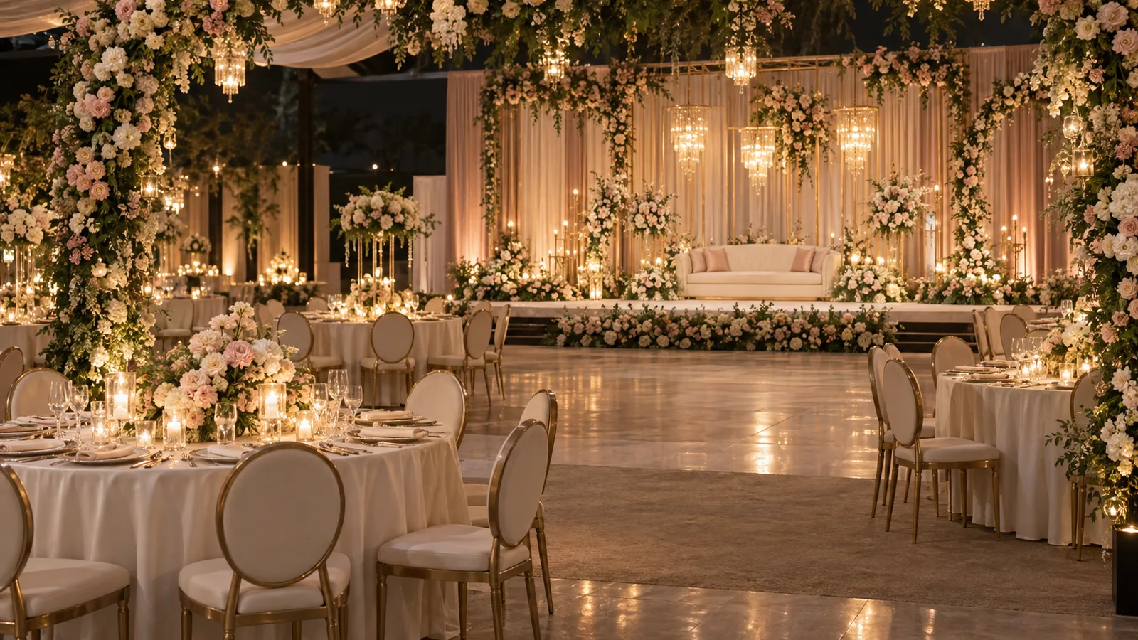 A softly lit Walima reception hall with floral arches, ivory tables and a cream stage sofa